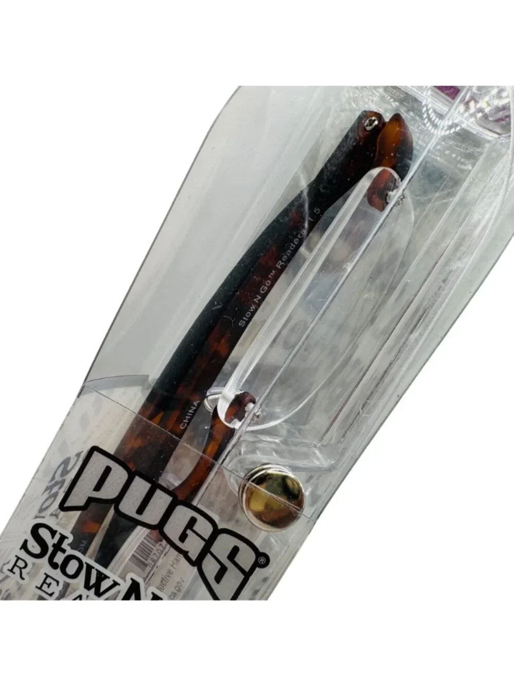 Pugs Stow N Go BROWN Readers +1.5 With Ultra-Lite Rimless Design & Protective Ca
